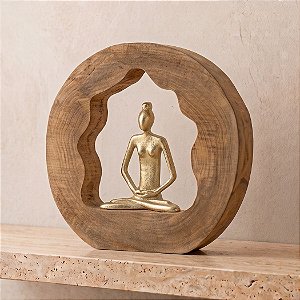 Escultura Mulher Dhyana em Madeira e Metal Dourado (26x26)