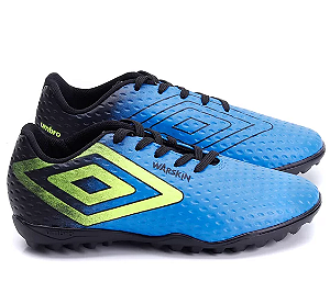 Chuteira de Futebol Society Adulto Umbro Warskin Original Azul/Verde Limão