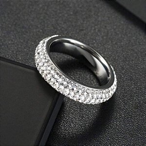 Anel Masculino Cravejado Zircônia Anatômico Prata Inox