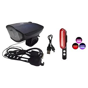 Kit Lanterna Led Usb Farol Com Buzina + Vista Traseiro 3 Cores Bike