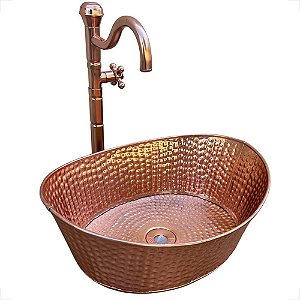 Kit Cuba E Torneira Em Cobre Puro Oval Rustica Banheiro