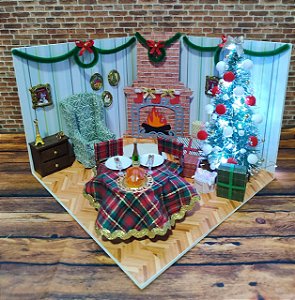 Quadro Cenário Miniatura Sala de Natal com Led