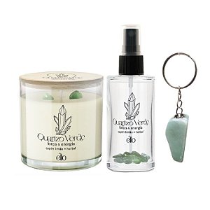Kit Quartzo Verde - Vela e Spray Ambiental + chaveiro de brinde
