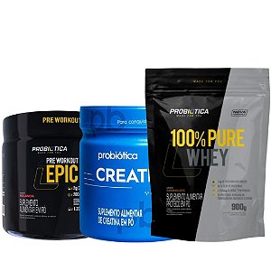 100% Whey Concentrado + Creatina 300g + Pré-Treino 300g - Probiótica
