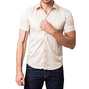 Camisa Social Masculina Slim Creme Manga Curta Zune