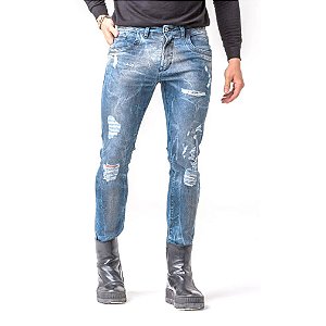 Calça Jeans Masculina Skinny Destroyed Estonada Com Amassado Zune