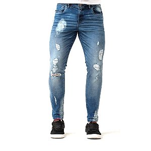 Calça Jeans Masculina Destroyed Com Respingos de Tinta Super Skinny Fit Zune