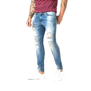 Calça Jeans Masculina Destroyed Com Respingos de Tinta Super Skinny Fit Zune