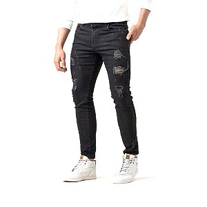 Calça Jeans Masculina Destroyed Preta Super Skinny Fit Zune