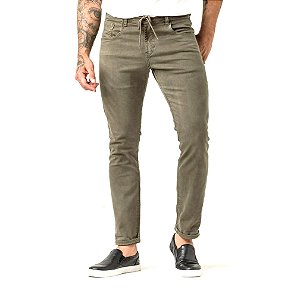 Calça Jeans Masculina Skinny Color Verde Militar Cós com Cordão Zune