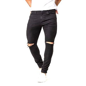 Calça Jeans Masculina Preta Rasgo no Joelho Super Skinny Fit Zune