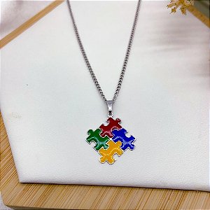 COLAR AÇO INOX COM PINGENTE AUTISMO - PRATEADO