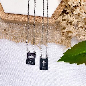 ESCAPULÁRIO DE AÇO INOX PRATEADO 60 CM FÉ E PAZ