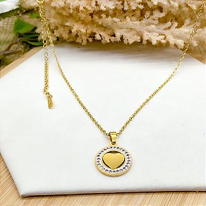 COLAR AÇO INOX 45 CM  CORAÇÃO CRAVEJADO DE STRASS - DOURADO