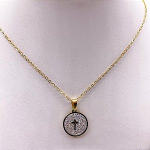 COLAR AÇO INOX 45 CM CRUZ CRAVEJADO DE STRASS - DOURADO
