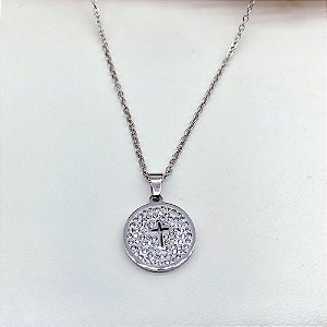 COLAR AÇO INOX 45 CM CRUZ CRAVEJADO DE STRASS - PRATEADO