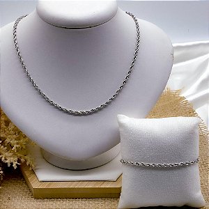 KIT CORRENTE E PULSEIRA CORDÃO BAIANO 06MM AÇO INOX - PRATEADA