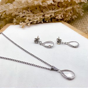 CONJUNTO COLAR E BRINCO AÇO INOX PINGENTE GOTA CRISTAL - PRATEADO