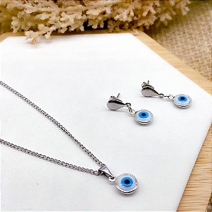 CONJUNTO COLAR E BRINCO AÇO INOX  PINGENTE OLHO GREGO AZUL CLARO - PRATEADO