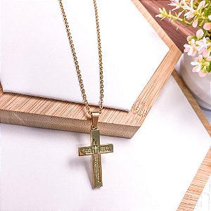 CORRENTE DE AÇO INOX 60 CM PINGENTE CRUCIFIXO - DOURADA