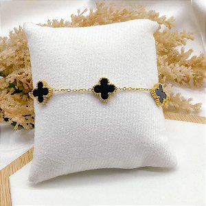 PULSEIRA  AÇO INOX DOURADA - TREVO PRETO