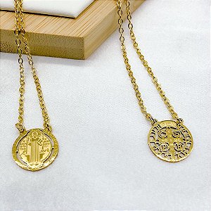 ESCAPULÁRIO AÇO INOX SÃO BENTO 50CM - DOURADO
