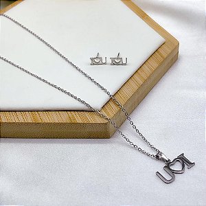 CONJUNTO COLAR E BRINCO AÇO INOX  PINGENTE I LOVE YOU - PRATEADO