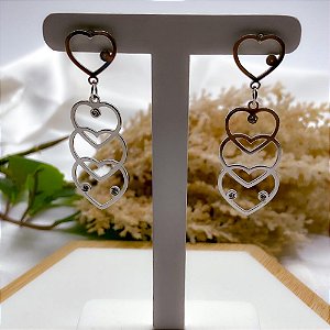 BRINCO AÇO INOX CORAÇÕES COM PEDRA CRISTAL - PRATEADO