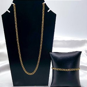 KIT CORRENTE 70CM E PULSEIRA AÇO INOX 22CM GRUMET 1.2MM  - DOURADA