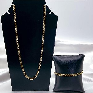 KIT CORRENTE 60CM E PULSEIRA AÇO INOX 22CM FÍGARO 1.2MM  - DOURADA
