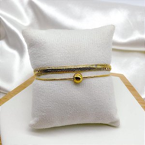 PULSEIRA DUPLA AÇO INOX MALHA PINGENTE ESFERA - DOURADA