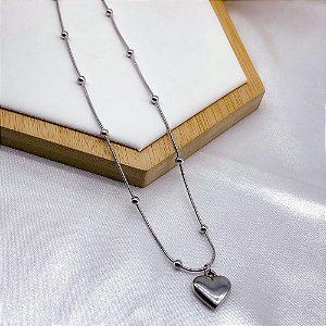 COLAR AÇO INOX 45 CM PINGENTE CORAÇÃO - PRATEADO