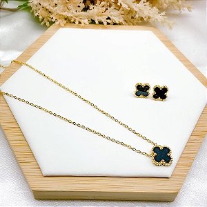 CONJUNTO BRINCO E COLAR AÇO INOX 45 CM  DOURADO PINGENTE TREVO - PRETO