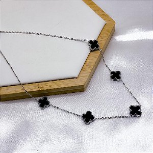 COLAR AÇO INOX 45 CM TREVO PRATEADO - PRETO