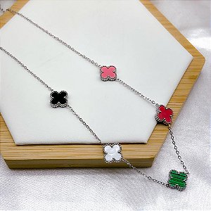 COLAR AÇO INOX 45 CM TREVO PRATEADO - COLORIDO