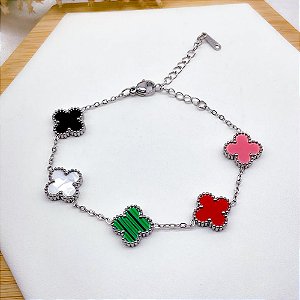 PULSEIRA AÇO INOX TREVO PRATEADA - COLORIDO