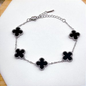 PULSEIRA AÇO INOX TREVO PRATEADA - PRETO