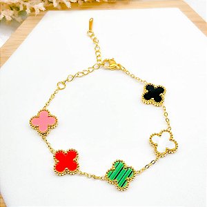 PULSEIRA AÇO INOX TREVO DOURADA - COLORIDO