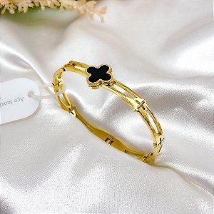 BRACELETE AÇO INOX  TREVO PRETO - DOURADO
