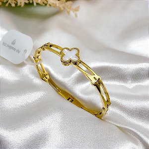 BRACELETE AÇO INOX  TREVO MADREPÉROLA - DOURADO