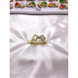 ANEL AÇO INOXIDÁVEL TREVO CRAVEJADO DOURADO - PEROLADO