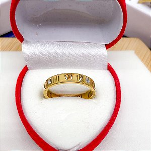 ANEL AÇO INOXIDÁVEL ALGARISMOS ROMANOS  CRAVEJADO ZIRCÔNIA - DOURADO