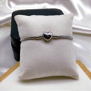 PULSEIRA AÇO INOX ESTILO PANDORA FECHO CORAÇÃO Nº18 - PRATEADA
