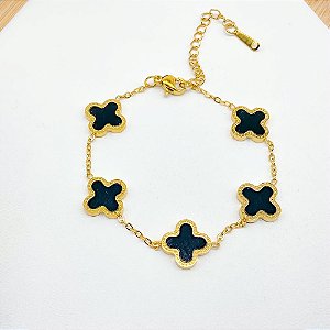 PULSEIRA AÇO INOX DOURADA - TREVO PRETO