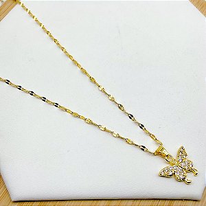 COLAR AÇO INOX 45CM PINGENTE BANHADO BORBOLETA CRAVEJADO PEDRA CRISTAL - DOURADO