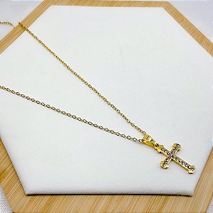 COLAR AÇO INOX  45CM CRUZ CRAVEJADO PEDRA CRISTAL - DOURADO