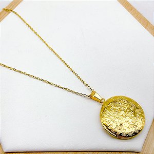 RELICÁRIO AÇO INOXIDÁVEL  45CM REDONDO COM DETALHES VAZADOS - DOURADO