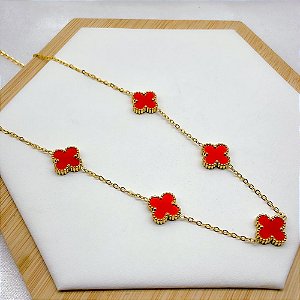 COLAR AÇO INOX 45 CM TREVO DOURADO - VERMELHO