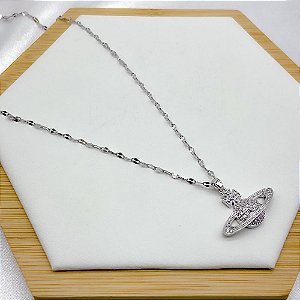 COLAR AÇO INOX 45 CM  PINGENTE SATURNO CRAVEJADO  - PRATEADO
