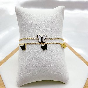 PULSEIRA DUPLA AÇO INOXIDÁVEL BORBOLETA PEROLADA - DOURADA